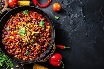 Canvas Print - Spicy Tex Mex chili with beef red beans paprika corn and peppers in tomato sauce on black table top view