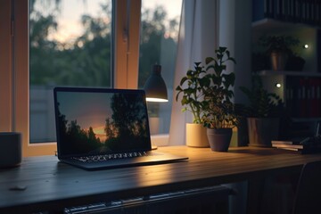 Poster - A laptop computer placed on a wooden desk