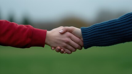 A close-up of two people holding hands, one man in a red shirt and jeans with the other woman wearing a dark blue sweater. They stand outdoors in green grassy fields.