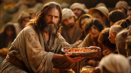 Jesus feeding the five thousand with bread and fish