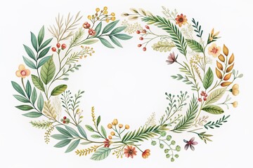 Sticker - Delicate hand-drawn botanical elements, including wreaths, flowers, and leaf branches, arranged in a minimalist pattern on a clean white background, perfect for wedding decor.