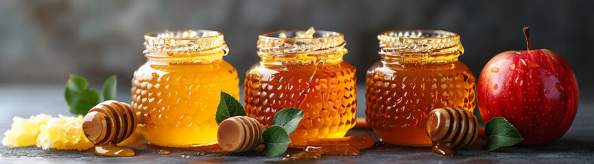 Row of three jars of honey, three honey sticks, apple and honeycomb, created with Generative AI technology