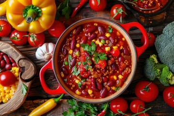 Poster - Vegan chili con carne with vegetables beans and tomato sauce in a red saucepan top view Iconic Mexican dish