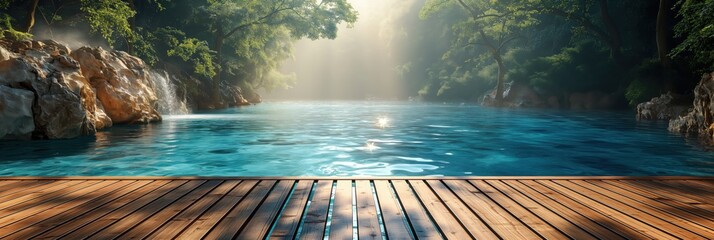 Wall Mural - Empty wooden deck with swimming pool