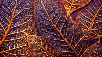 Wall Mural - Vibrant orange metallic leaves with intricate veins and edges create a stunning pattern against a rich, velvety violet background in this striking still life design.