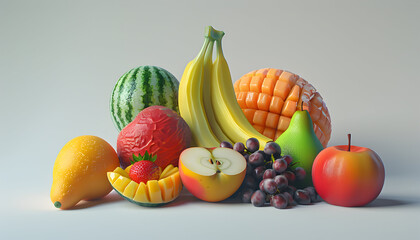 Wall Mural - A vibrant still life featuring a collection of fresh fruits, including a watermelon, mango, pear, apple, banana, and grapes.