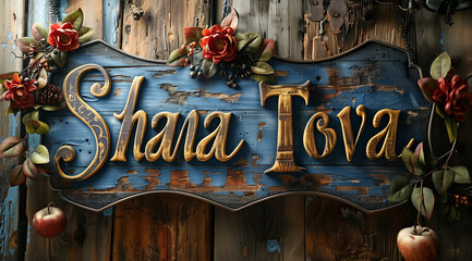 Wall Mural - The inscription shana tova on a wooden board, created with Generative AI technology.