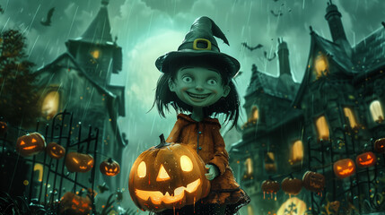 Wall Mural - happy halloween witch with pumpkin