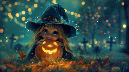 Wall Mural - happy halloween witch with pumpkin