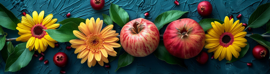 Wall Mural - Fresh apples with juicy pomegranates and flowers, created with Generative AI technology.