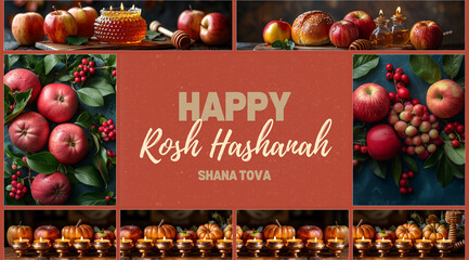 Wall Mural - Collage of photos of apples, pomegranates and the inscription Happy Rosh Hashanah, created with Generative AI technology.