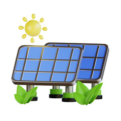 3d two solar panels with sun shining on them, surrounded by green leaves, symbolizing clean energy a