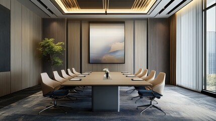 Poster - Modern conference room with a large table, comfortable chairs, and a digital projector for presentations