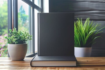 Poster - A laptop sits on a wooden table beside a potted plant, perfect for remote work or study