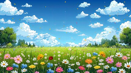 Wall Mural - Colorful flowers on the background of a summer landscape.