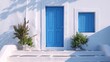 © Sunisa - A vibrant blue door with a flat design, surrounded by a crisp white exterior and minimalist decor