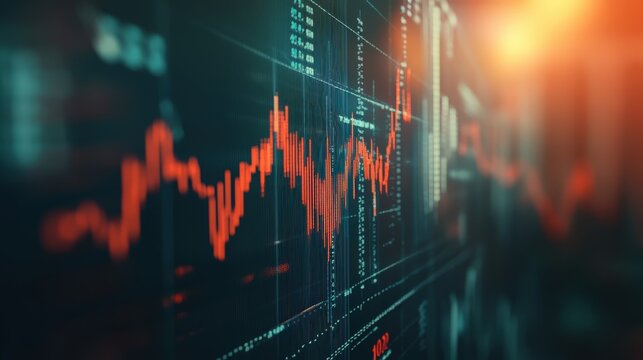 Close up of stock market graphs with fluctuating lines and bar charts, depicting market volatility
