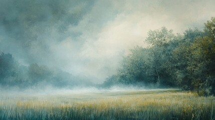  Misty Morning Landscape with Trees and Grass