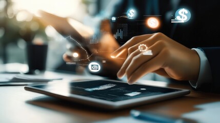 Poster - Business professional using a tablet to manage finances with dollar symbols and budget apps