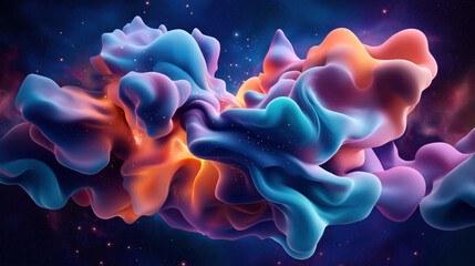 Abstract digital artwork with colorful, swirling forms against a dark starry background, resembling a cosmic nebula.