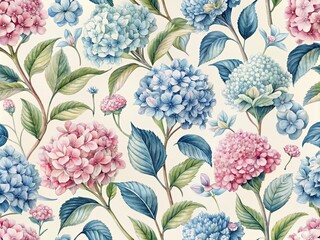 Sticker - Delicate hydrangea flowers in soft blues and pinks on a creamy white background, forming a beautiful seamless floral botanical pattern perfect for design projects.