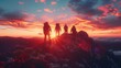 © ifoto - A group of team members standing on top of the mountain, silhouetted against the background of the sunset sky