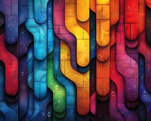 Wall Mural - Abstract Colorful Brick Wall with Curved Shapes and Water Droplets