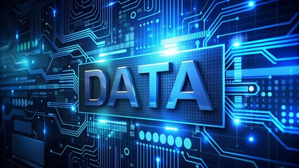 Poster - Futuristic Digital Image with Circuit Patterns and Glowing Blue Center Featuring the Word 'Data'