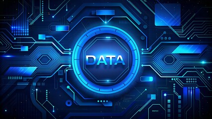 Poster - Futuristic Digital Image with Circuit Patterns and Glowing Blue Center Featuring the Word 'Data'