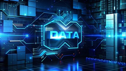 Poster - Futuristic Digital Image with Circuit Patterns and Glowing Blue Center Featuring the Word 'Data'