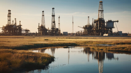 Oil field for extracting fossil fuels from the ground. Oil drilling rigs in the desert at sunset