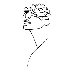 Wall Mural - Woman Head with Flower Line Art Drawing. Female Silhouette One Line Drawing. Vector Illustration Minimalistic Style. for Modern Design: Prints, Wall Art, Posters, Social Media.	