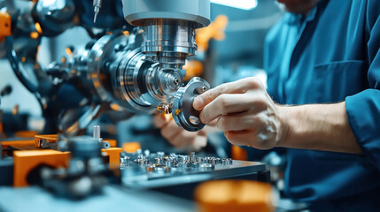 Poster - Close-up of a person working with precision machining tool handling a metallic component in a workshop or manufacturing environment.