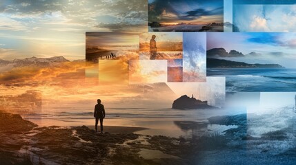 Wall Mural - Collage of Seascapes and Landscapes with a Solitary Figure