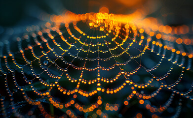 A delicate spider web adorned with glistening water droplets, showcasing nature's intricate beauty and craftsmanship.