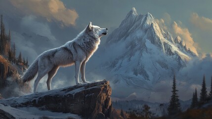 Sticker - A lone wolf stands on a snowy cliff overlooking a majestic mountain peak.