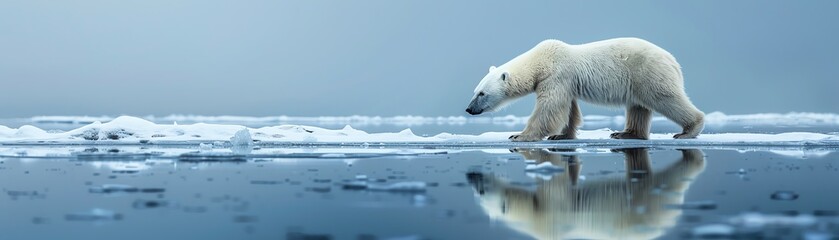 polar bear and cub walking on ice, calm arctic landscape, reflected in still water