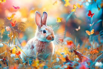 Sticker - A rabbit sitting in a field of flowers and butterflies