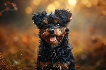 Poster - A small black and brown dog sitting in the grass