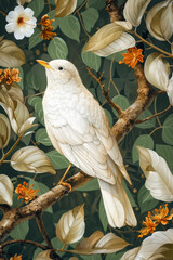 Poster - A white bird sitting on a branch with orange flowers