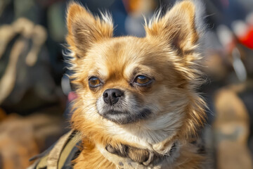 Sticker - A small brown dog sitting on top of a pile of military gear