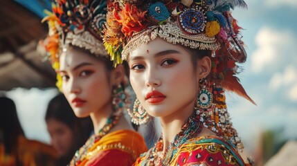 Wall Mural - Two Young Women in Traditional Asian Attire and Headwear