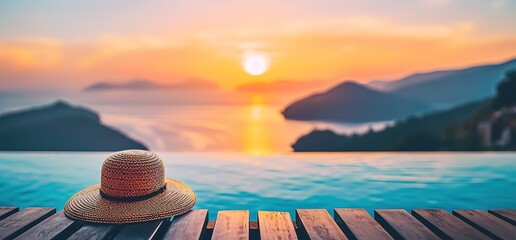 Sticker - A straw hat sits on a wooden deck overlooking an infinity pool and a stunning sunset over the ocean. Tranquility and relaxation at a luxurious resort.