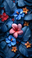 Wall Mural - Beautiful flowers in blue tones. Pink tropical flower Plumeria, spa flower