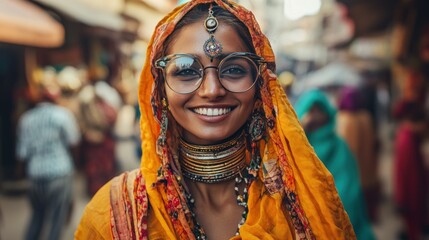 A Woman in a Yellow Sari Smiles at the Camera in a Busy Market