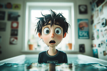 Shocked scared amazed cartoon character adult man male guy person portrait in 3d style design on light background. Human people feelings expression concept