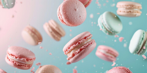 Many flying and falling macarons on pastel blue and pink background