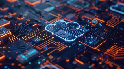 Poster - Close-up of a circuit board with a cloud icon or symbol