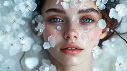 Sticker - Close-up portrait of a woman with white flowers on her face