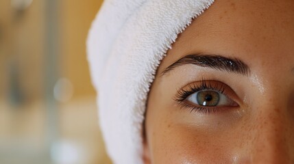 Wall Mural - Close-up of a Woman's Eye with a White Towel on Her Head